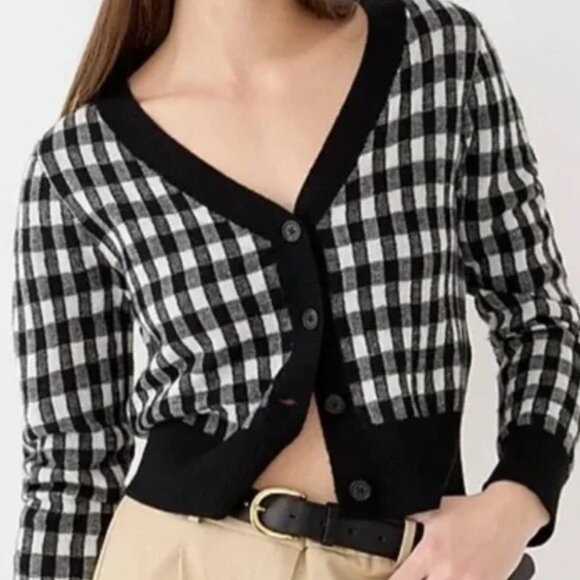 J. Crew Cashmere Cropped V-Neck Cardigan - Black/Snow Gingham - Large - Picture 1 of 6